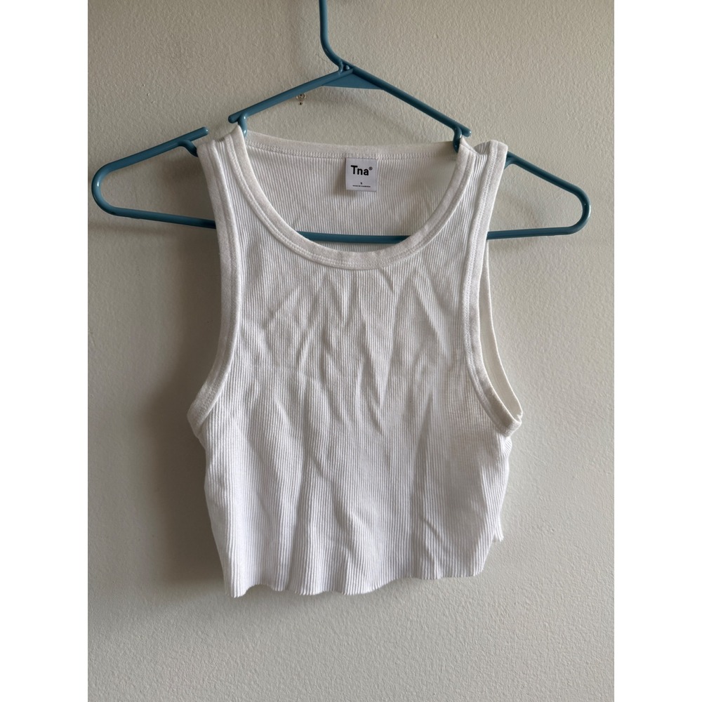 Tna Aritzia White Ribbed Cropped Racerback Tank Top High Neck Small cut